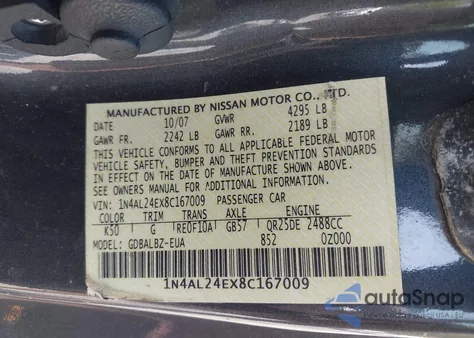 2008 Nissan Altima 2.5 S из США, поврежденный, VIN 1N4AL24EX8C167009